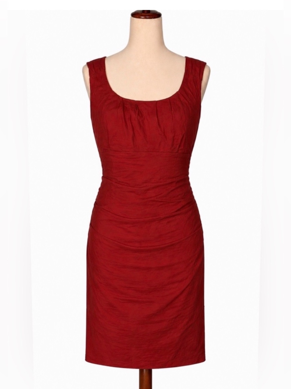 Eileen Fisher maroon rouched dress- cotton, silky lining.  Mini/midi. 10